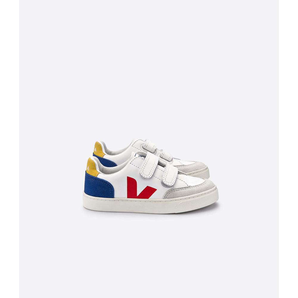 Kids\' Veja V-12 LEATHER Sneakers White/Red/Blue | ZA 881HAP